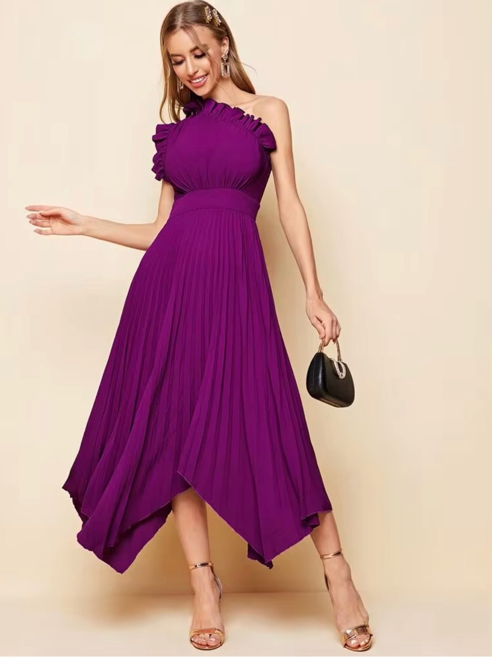 SHEIN One-Shoulder Ruffle Pleated Midi Dress
